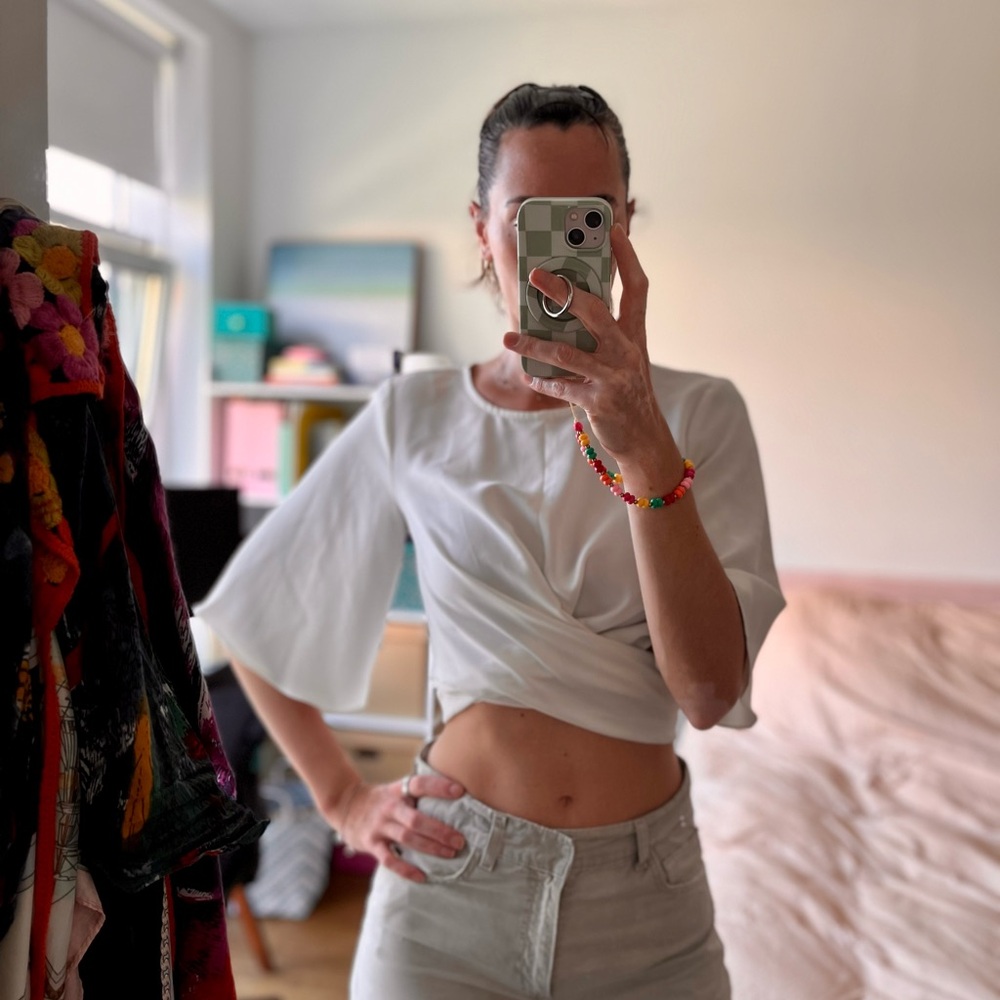 Zara Basic Collection White Cropped Top with flared sleeves
